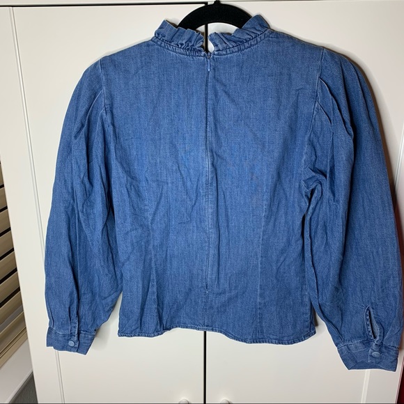 Zara High-Neck Ruffle Denim 3/4 Sleeve Puffy Top - Picture 8 of 14